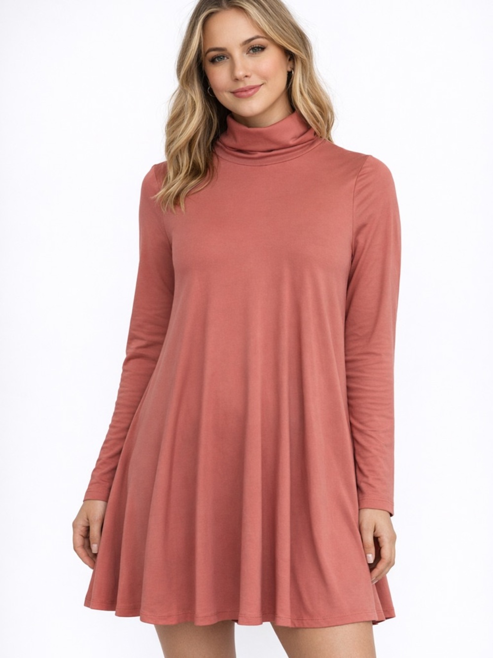 Coral Turtleneck Swing Dress Long Sleeve A-Line Medium